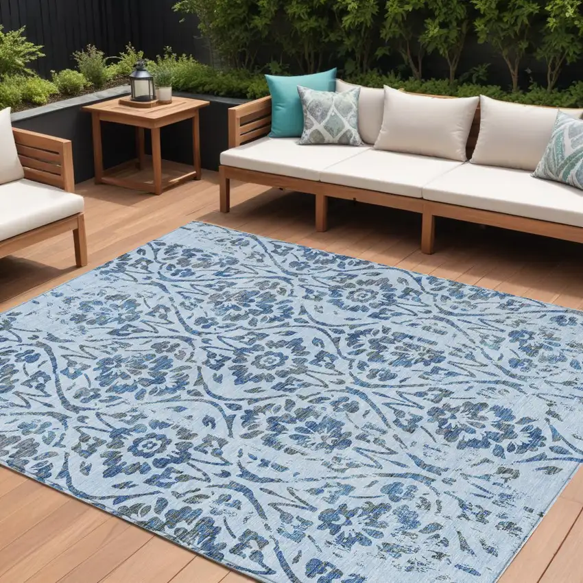 Sky Blue And Dark Blue Floral Washable Indoor Outdoor Area Rug Photo 1
