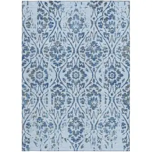 Photo of Sky Blue And Dark Blue Floral Washable Indoor Outdoor Area Rug