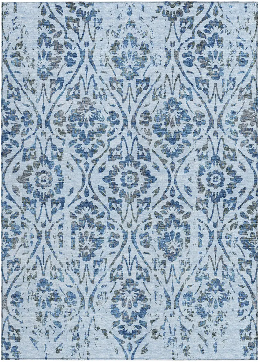 Sky Blue And Dark Blue Floral Washable Indoor Outdoor Area Rug Photo 6