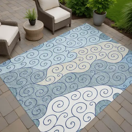 Sky Blue And Denim Blue Abstract Washable Indoor Outdoor Area Rug Photo 7