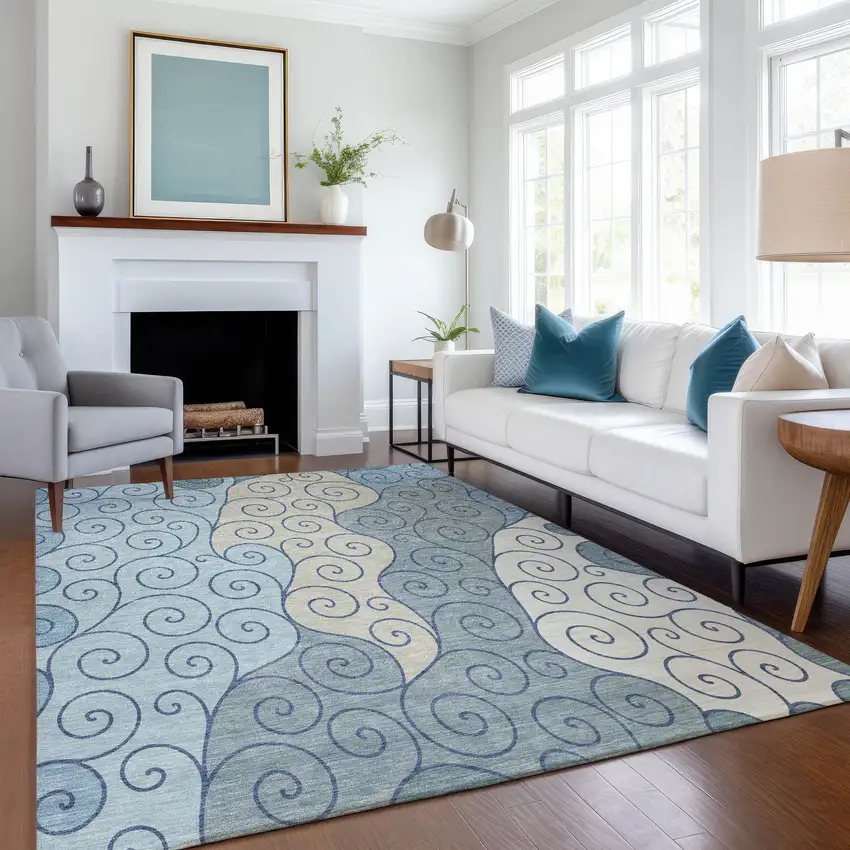 Sky Blue And Denim Blue Abstract Washable Indoor Outdoor Area Rug Photo 6