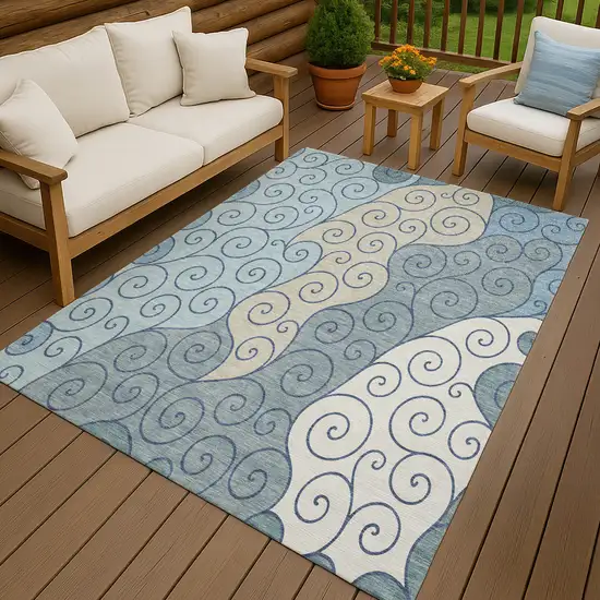 Sky Blue And Denim Blue Abstract Washable Indoor Outdoor Area Rug Photo 4