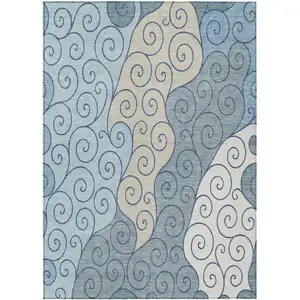 Photo of Sky Blue And Denim Blue Abstract Washable Indoor Outdoor Area Rug