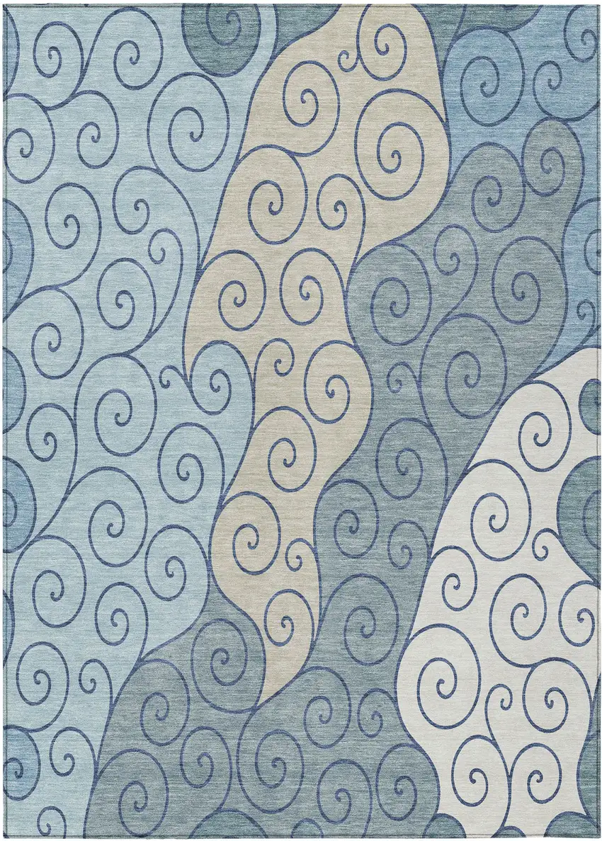 Sky Blue And Denim Blue Abstract Washable Indoor Outdoor Area Rug Photo 1