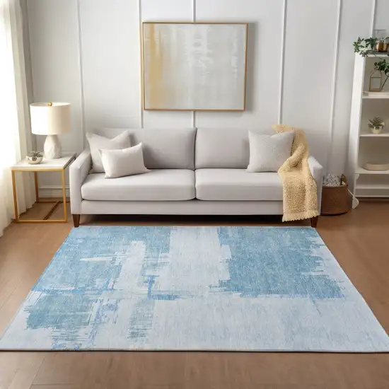Sky Blue And Denim Blue Abstract Washable Indoor Outdoor Area Rug Photo 7