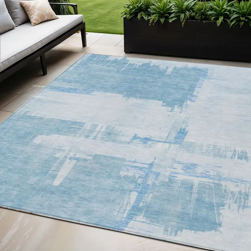Sky Blue And Denim Blue Abstract Washable Indoor Outdoor Area Rug Photo 1