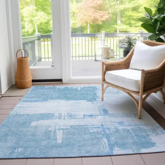 Sky Blue And Denim Blue Abstract Washable Indoor Outdoor Area Rug Photo 7