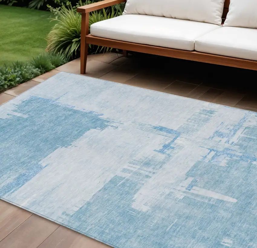 Sky Blue And Denim Blue Abstract Washable Indoor Outdoor Area Rug Photo 1