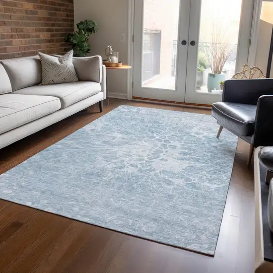 Sky Blue And Denim Blue Abstract Washable Indoor Outdoor Area Rug Photo 8