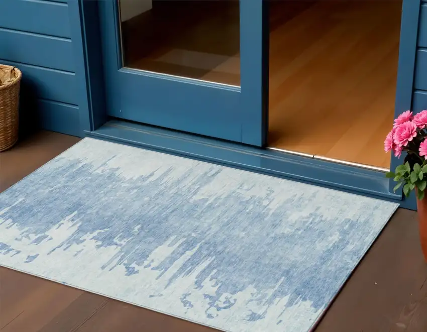 Sky Blue And Denim Blue Abstract Washable Indoor Outdoor Area Rug Photo 1