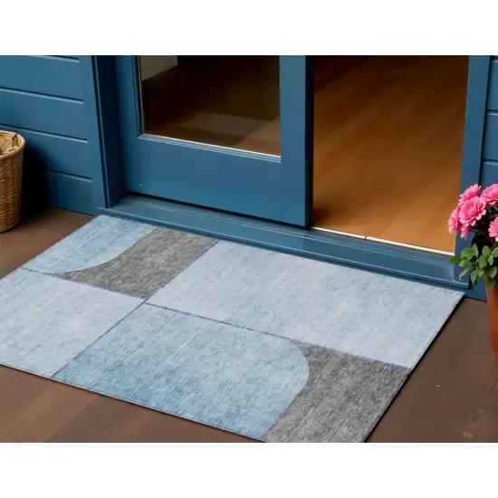 Sky Blue And Denim Blue Abstract Washable Indoor Outdoor Area Rug Photo 1