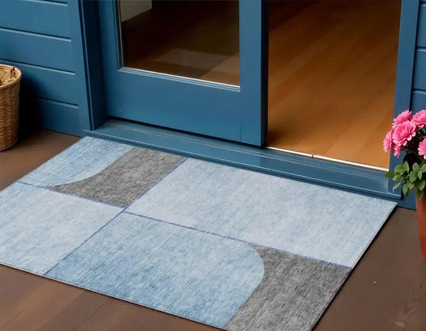 Sky Blue And Denim Blue Abstract Washable Indoor Outdoor Area Rug Photo 1