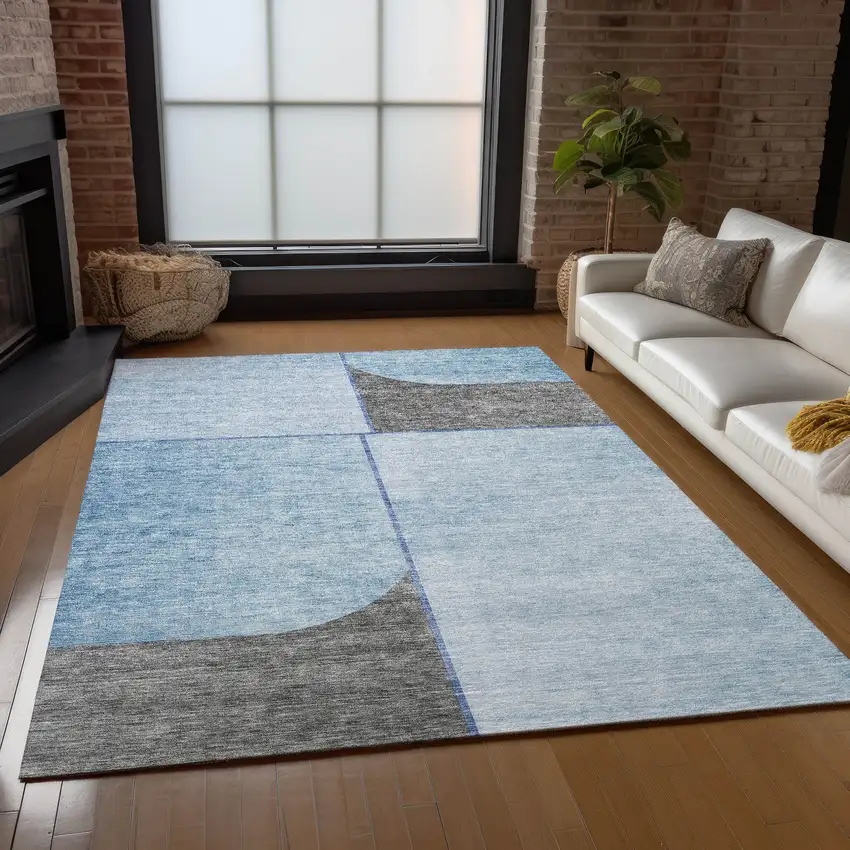 Sky Blue And Denim Blue Abstract Washable Indoor Outdoor Area Rug Photo 7