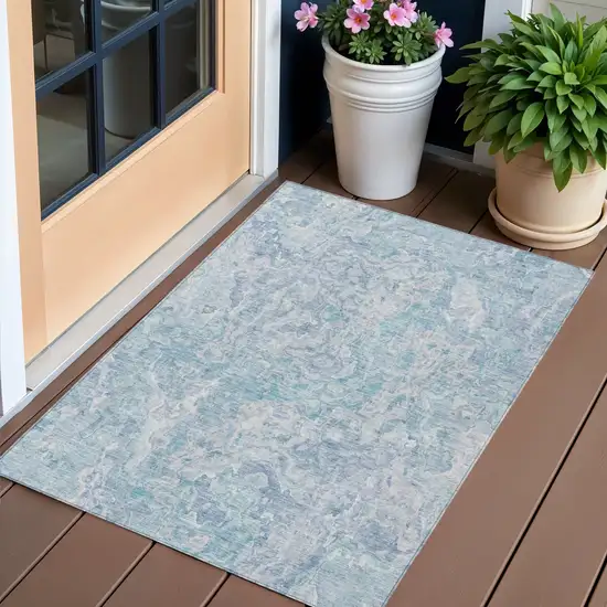 Sky Blue And Denim Blue Abstract Washable Indoor Outdoor Area Rug Photo 1