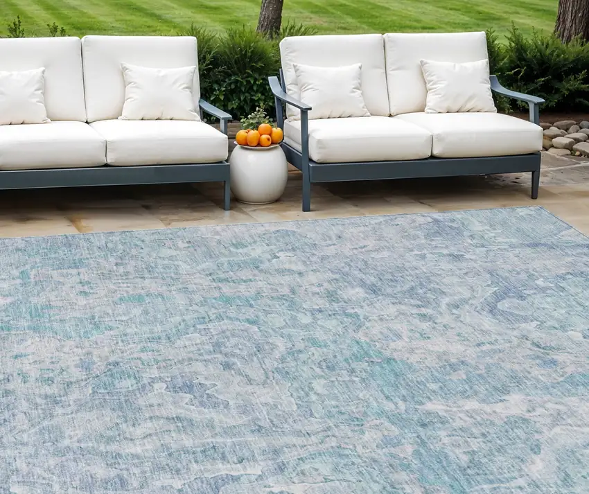 Sky Blue And Denim Blue Abstract Washable Indoor Outdoor Area Rug Photo 1