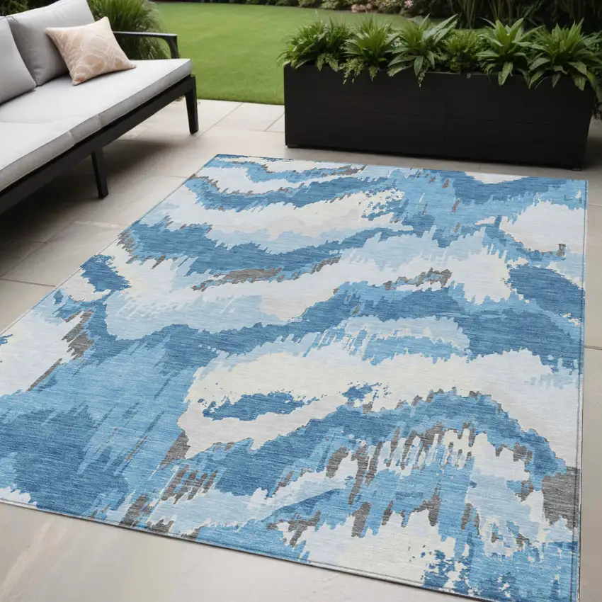 Sky Blue And Denim Blue Abstract Washable Indoor Outdoor Area Rug Photo 1