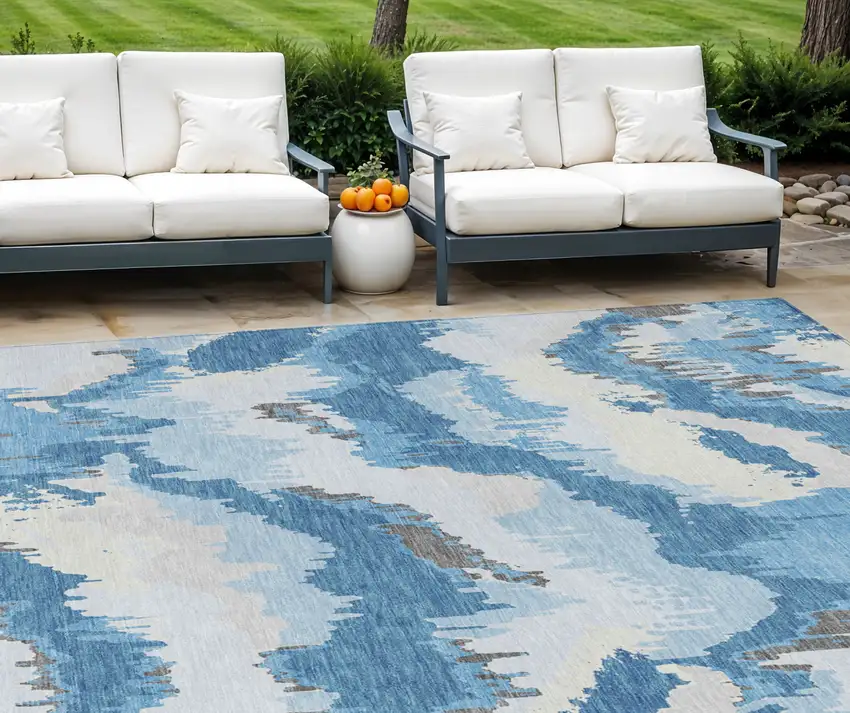 Sky Blue And Denim Blue Abstract Washable Indoor Outdoor Area Rug Photo 1