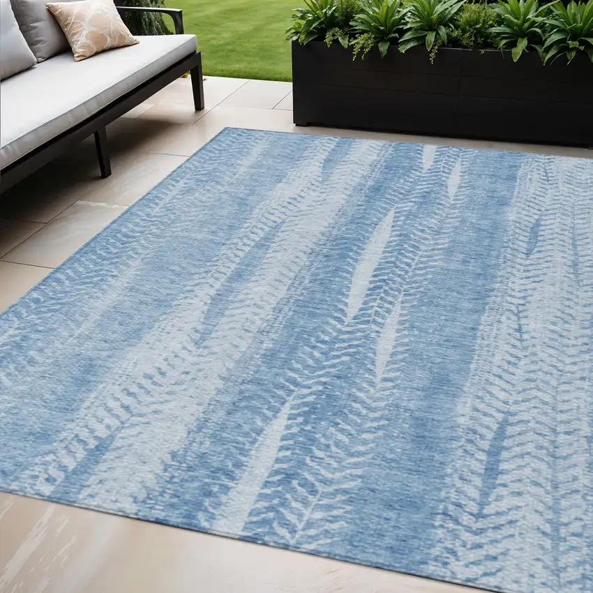 Sky Blue And Denim Blue Botanical Leaves Washable Indoor Outdoor Area Rug Photo 1