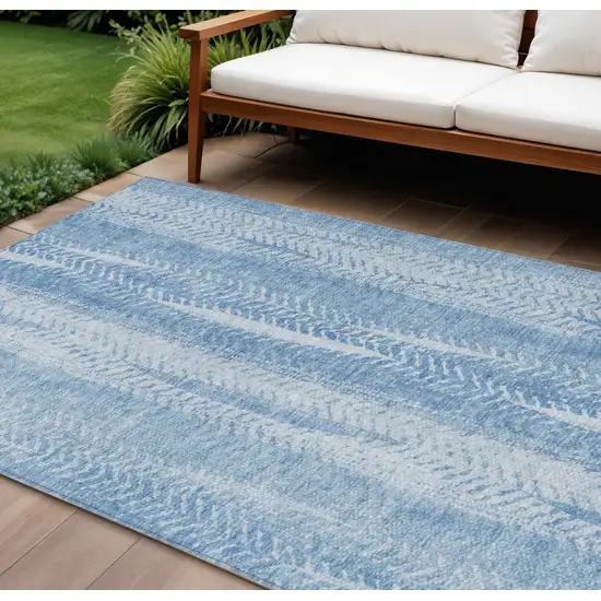 Sky Blue And Denim Blue Botanical Leaves Washable Indoor Outdoor Area Rug Photo 1