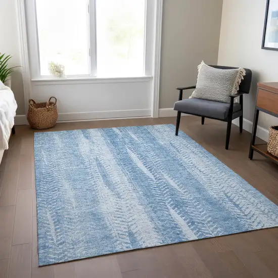 Sky Blue And Denim Blue Botanical Leaves Washable Indoor Outdoor Area Rug Photo 8