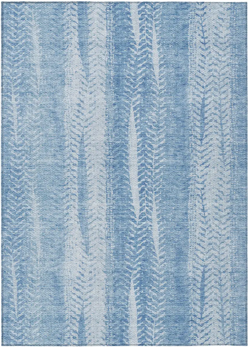 Sky Blue And Denim Blue Botanical Leaves Washable Indoor Outdoor Area Rug Photo 2