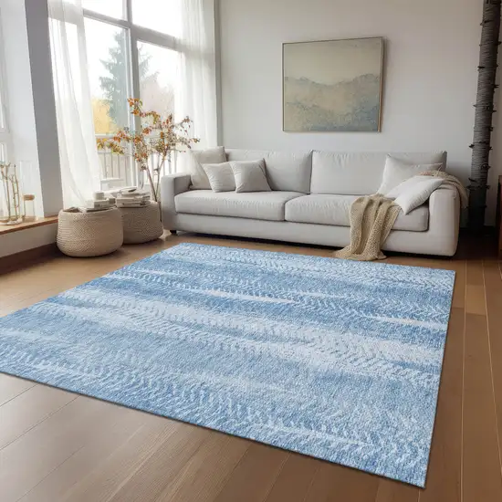 Sky Blue And Denim Blue Botanical Leaves Washable Indoor Outdoor Area Rug Photo 9