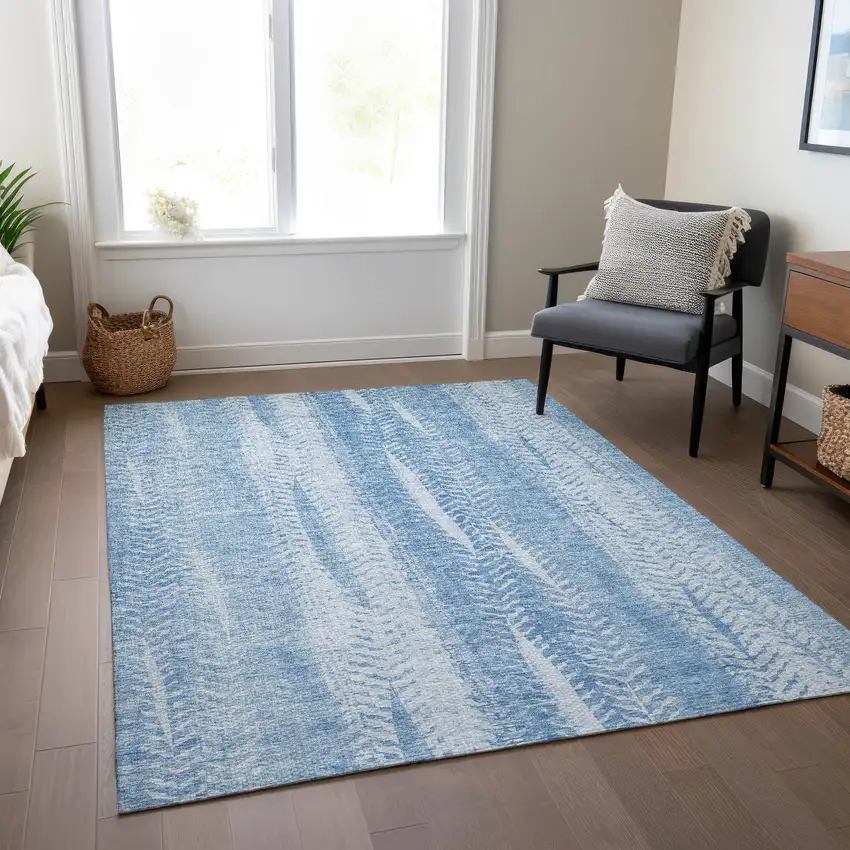 Sky Blue And Denim Blue Botanical Leaves Washable Indoor Outdoor Area Rug Photo 8