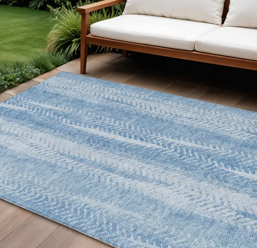 Sky Blue And Denim Blue Botanical Leaves Washable Indoor Outdoor Area Rug Photo 1