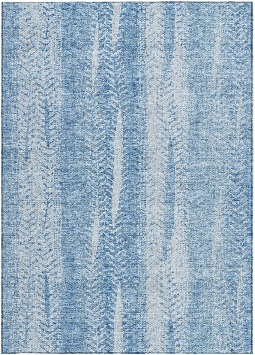Sky Blue And Denim Blue Botanical Leaves Washable Indoor Outdoor Area Rug Photo 6