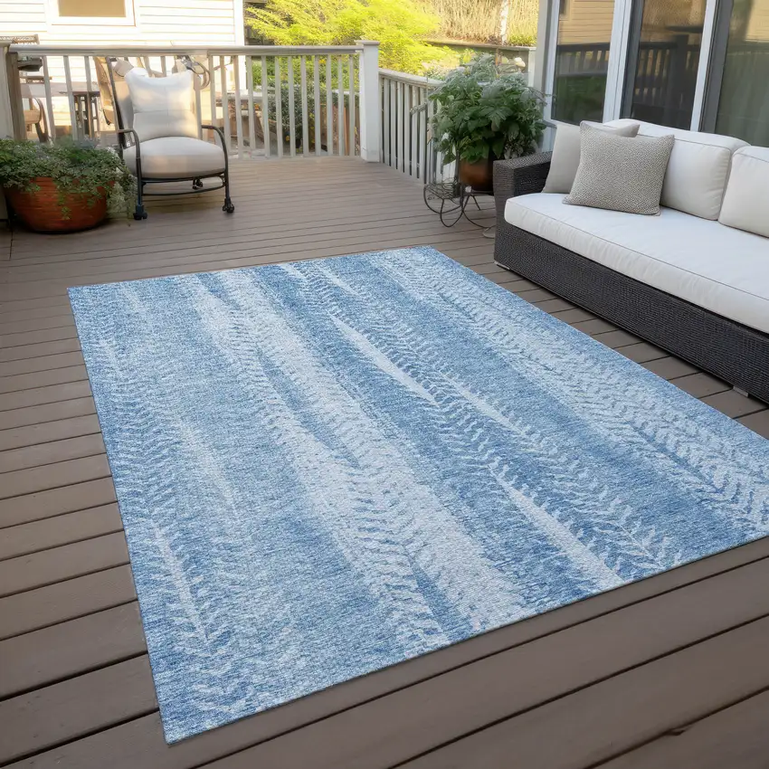 Sky Blue And Denim Blue Botanical Leaves Washable Indoor Outdoor Area Rug Photo 7