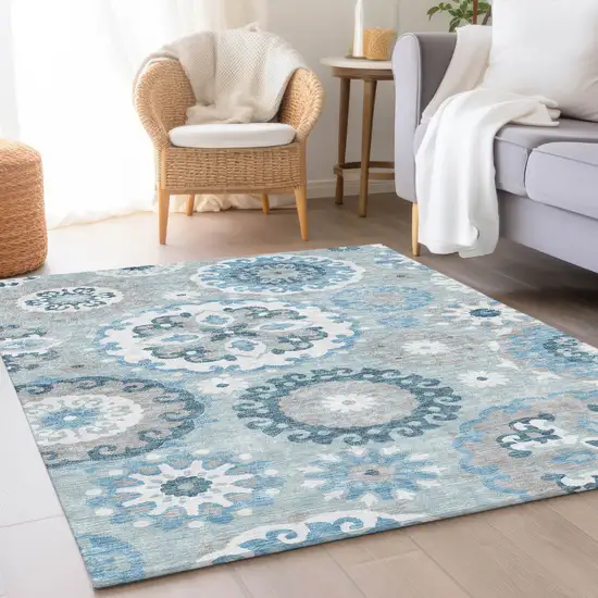 Sky Blue And Denim Blue Floral Medallion Washable Indoor Outdoor Area Rug Photo 8