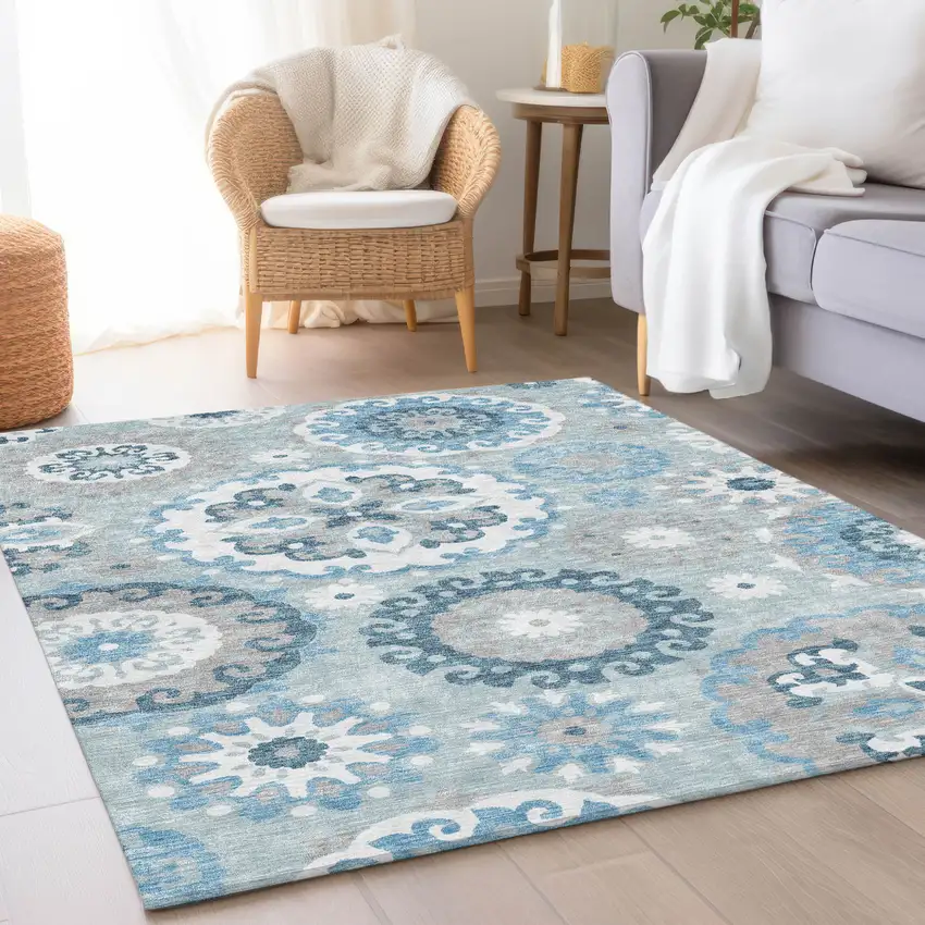 Sky Blue And Denim Blue Floral Medallion Washable Indoor Outdoor Area Rug Photo 8