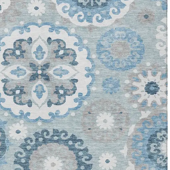 Sky Blue And Denim Blue Floral Medallion Washable Indoor Outdoor Area Rug Photo 5