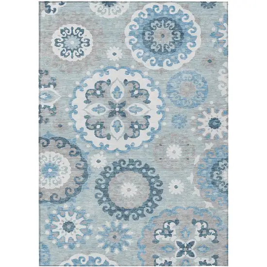 Sky Blue And Denim Blue Floral Medallion Washable Indoor Outdoor Area Rug Photo 2