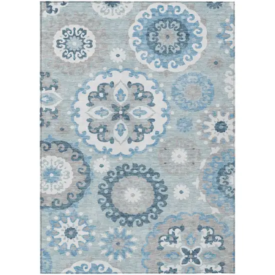 Sky Blue And Denim Blue Floral Medallion Washable Indoor Outdoor Area Rug Photo 2