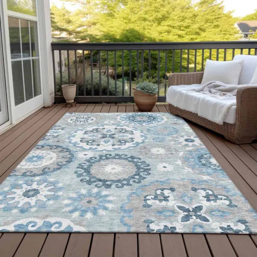 Sky Blue And Denim Blue Floral Medallion Washable Indoor Outdoor Area Rug Photo 7