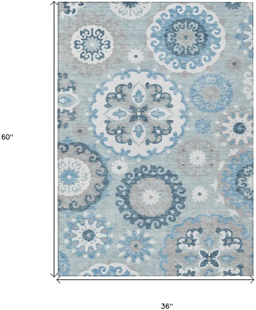 Sky Blue And Denim Blue Floral Medallion Washable Indoor Outdoor Area Rug Photo 7