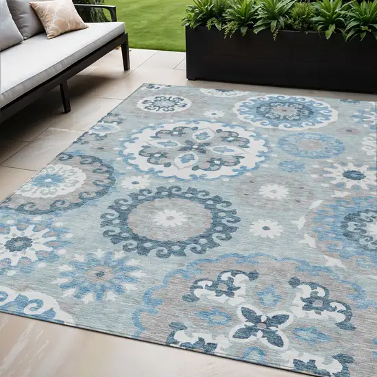 Sky Blue And Denim Blue Floral Medallion Washable Indoor Outdoor Area Rug Photo 1