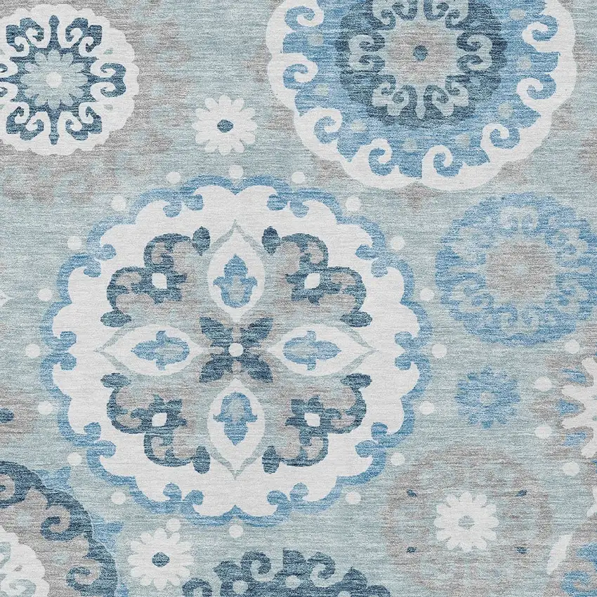 Sky Blue And Denim Blue Floral Medallion Washable Indoor Outdoor Area Rug Photo 6