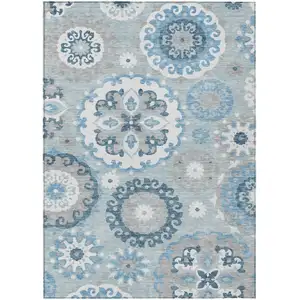 Photo of Sky Blue And Denim Blue Floral Medallion Washable Indoor Outdoor Area Rug