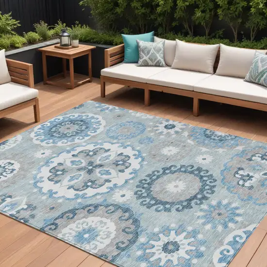 Sky Blue And Denim Blue Floral Medallion Washable Indoor Outdoor Area Rug Photo 1