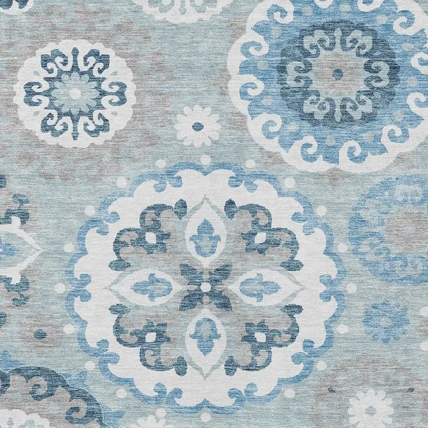 Sky Blue And Denim Blue Floral Medallion Washable Indoor Outdoor Area Rug Photo 4