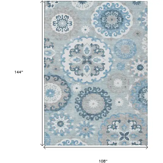 Sky Blue And Denim Blue Floral Medallion Washable Indoor Outdoor Area Rug Photo 3