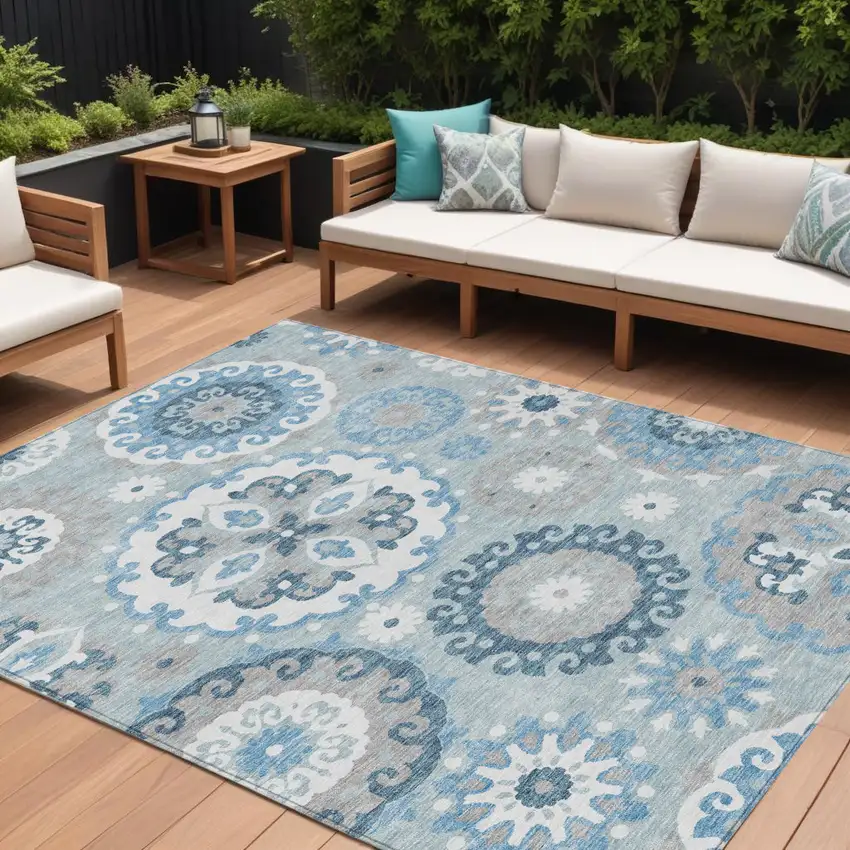 Sky Blue And Denim Blue Floral Medallion Washable Indoor Outdoor Area Rug Photo 1