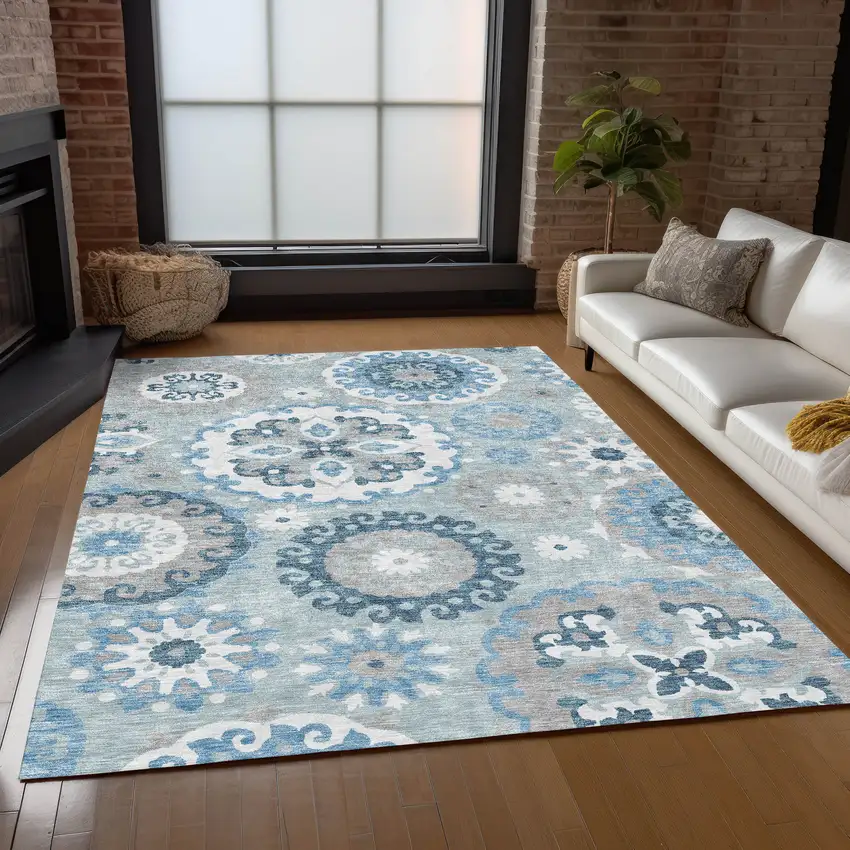 Sky Blue And Denim Blue Floral Medallion Washable Indoor Outdoor Area Rug Photo 8