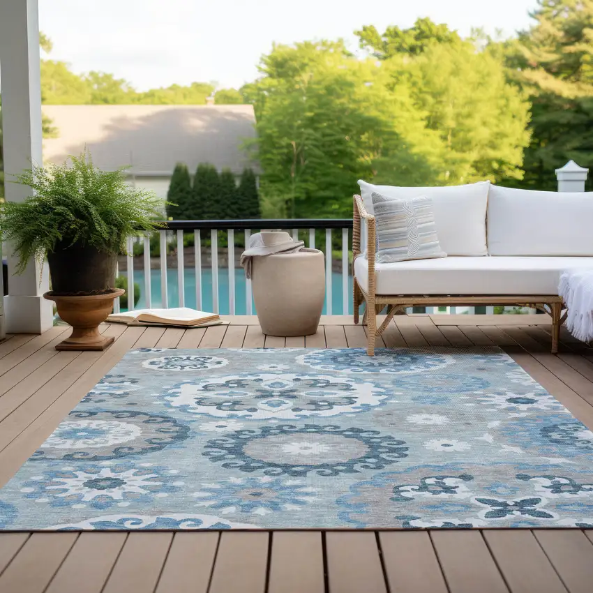 Sky Blue And Denim Blue Floral Medallion Washable Indoor Outdoor Area Rug Photo 9