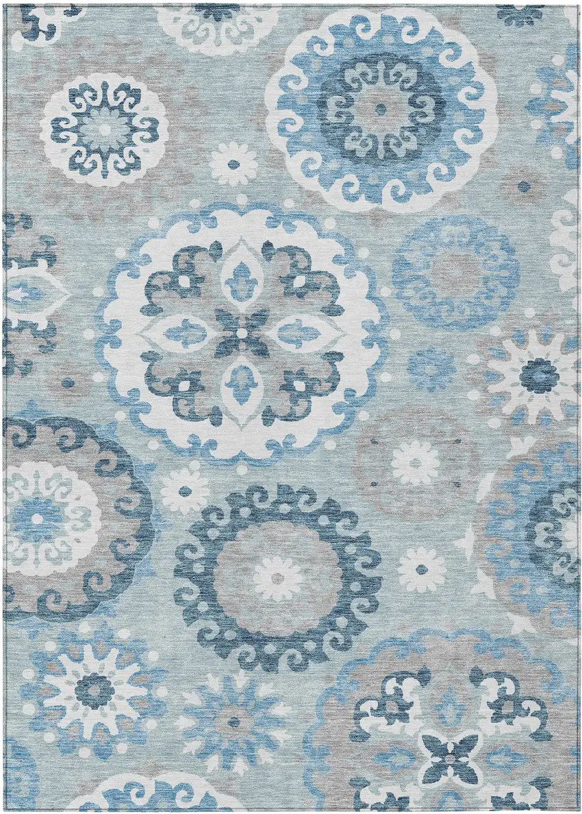 Sky Blue And Denim Blue Floral Medallion Washable Indoor Outdoor Area Rug Photo 1
