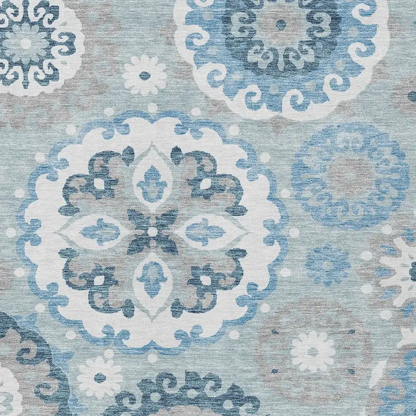 Sky Blue And Denim Blue Floral Medallion Washable Indoor Outdoor Area Rug Photo 4