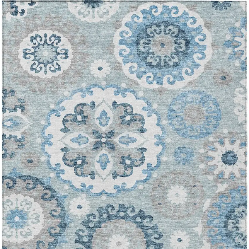 Sky Blue And Denim Blue Floral Medallion Washable Indoor Outdoor Area Rug Photo 7
