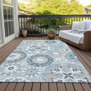 Photo of Sky Blue And Denim Blue Floral Medallion Washable Indoor Outdoor Area Rug